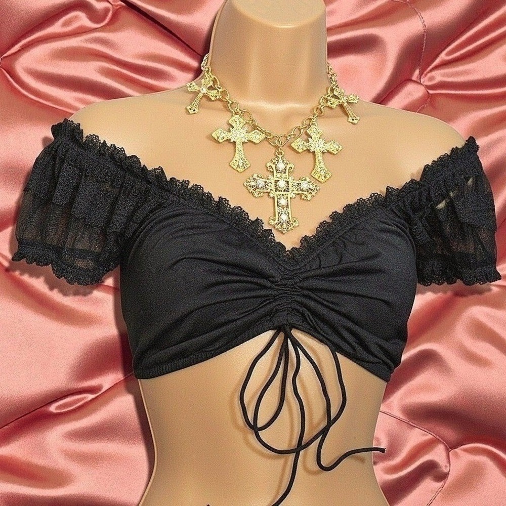 New Black Large Ruched Off Shoulder Lace Trim Crop Top Dirndl Blouse Oktoberfest